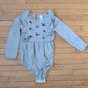 Carter's 24mo long-sleeved grey bodysuit with embroidered holly accents.